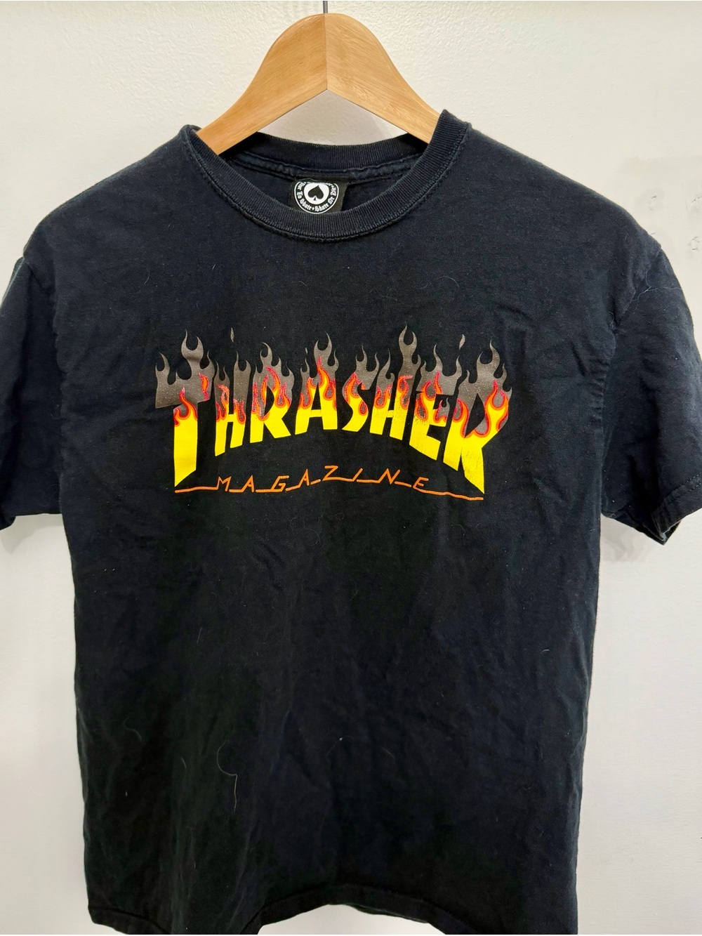 Thrasher Black Tee with Yellow and Red Flame Logo